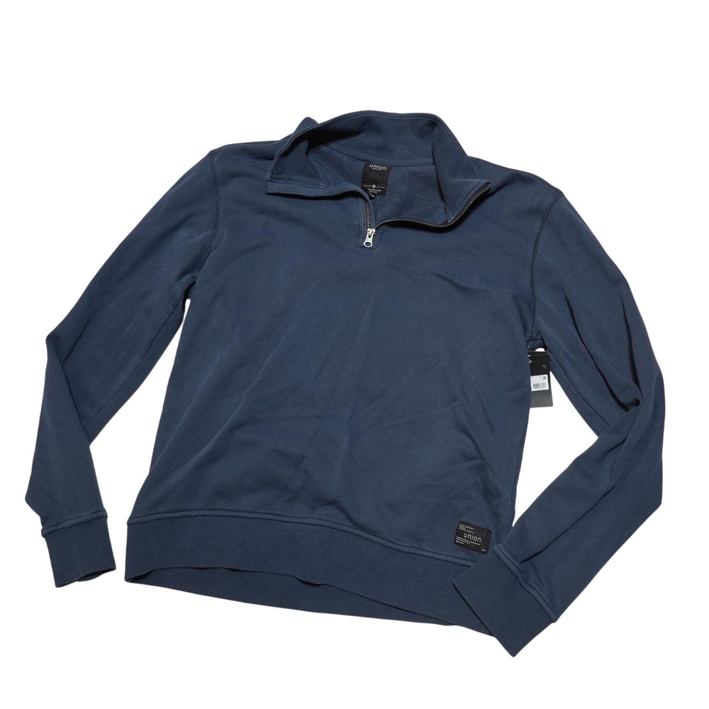 Union Sweatshirt Mens Medium Blue 1/4 Zip Mock Neck Cotton Knit Pullover
